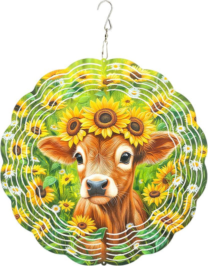 10x10 Inch Wind Spinner Outdoor Hanging Cute Calf Sunflower Daisy Meadow Metal Kinetic Spiral Ornament for Yard Garden Patio Porch Balcony Tree Window Decor Gift