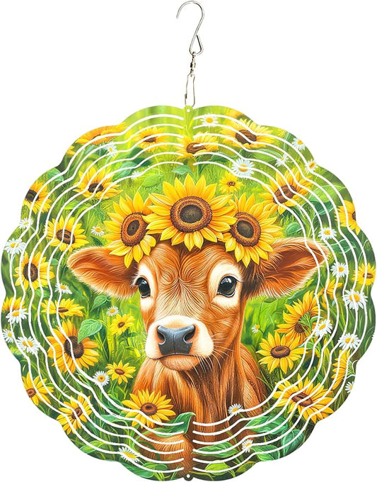 10x10 Inch Wind Spinner Outdoor Hanging Cute Calf Sunflower Daisy Meadow Metal Kinetic Spiral Ornament for Yard Garden Patio Porch Balcony Tree Window Decor Gift