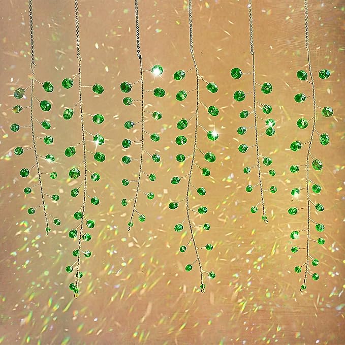 H&D HYALINE & DORA 6 Pcs Crystal Beaded Suncatchers Artificial Green Plants Hanging Wind Chime with Chain for Window Indoor Outdoor Potted Plants Decorations Plant Lover Gift