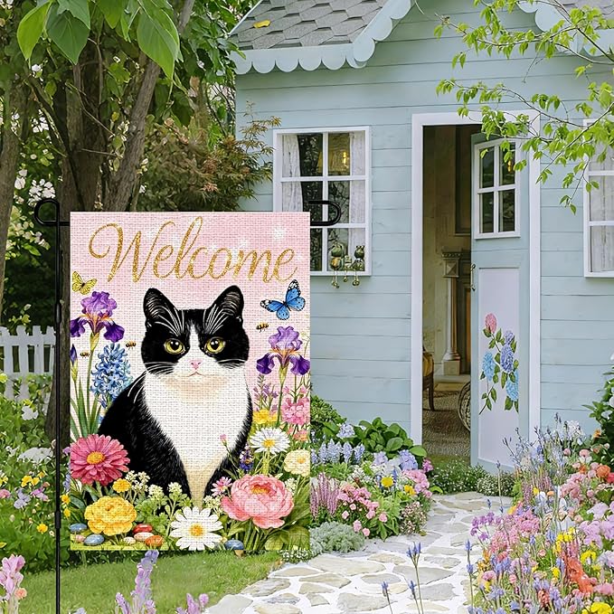 IVN Welcome Cat Spring Garden Flag 12x18 Inch Black White Kitty Watercolor Floral Garden Yard Flag Gold Glitter Welcome Butterflies Bees Daisies Iris Pink Flowers Double Sided Burlap Vertical Small House Flag Seasonal Outdoor Decoration for Front Door ...