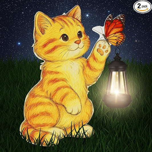 WILLBOND Cat Garden Decor Summer Outdoor Solar Lights Decor, Metal Orange Cat Garden Stake with Butterfly, Outside Stake Signs Gifts for Mom Yard Lawn Patio Unique Gift Ideas