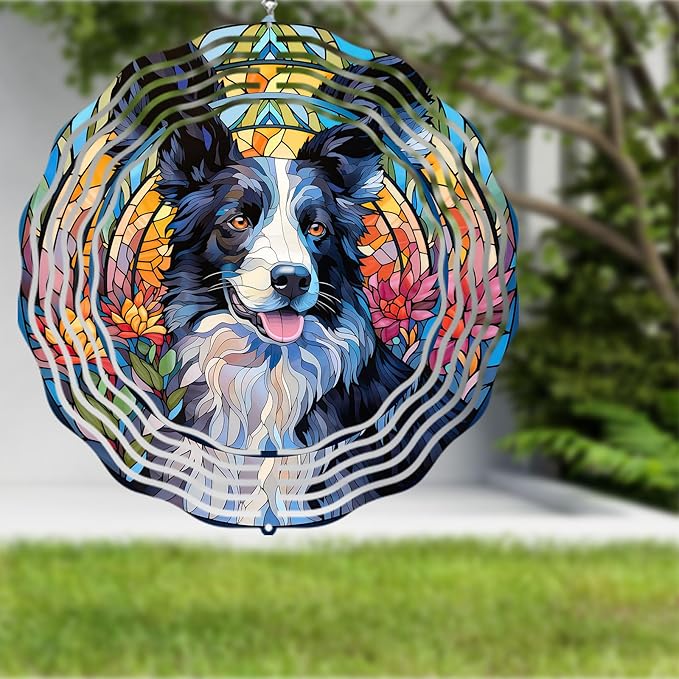 Border Collie Wind Spinner Pet Dog Memorial Gifts 3D Aluminum Metal Kinetic Hanging Wind Sculpture Spinners for Yard and Garden Indoor Outdoor Window Garden Decoration 8 Inch (Border Collie 1)