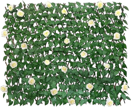 GLANT Expandable Fence Privacy Screen for Balcony Patio Outdoor,Decorative Faux Ivy Fencing Panel,Artificial Hedges (Single Sided Leaves) (4, White Rose)