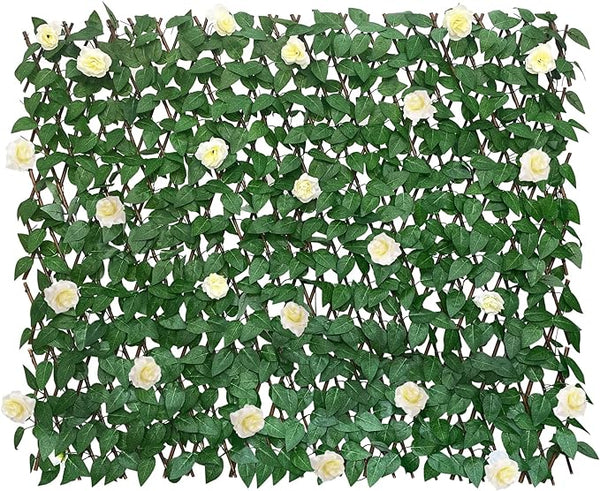 GLANT Expandable Fence Privacy Screen for Balcony Patio Outdoor,Decorative Faux Ivy Fencing Panel,Artificial Hedges (Single Sided Leaves) (2, White Rose)