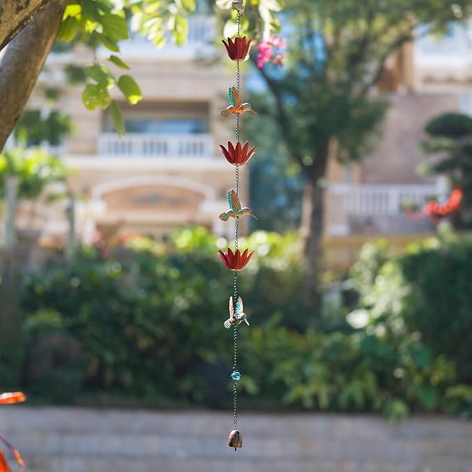 Rain Chain for Outside, 12Ft Rain Gutter Chains with 8 Lotus Cups & Hummingbirds Decor, Adjustable Rain Catcher Chain for Eaves Drainage, Replacement for Downspout