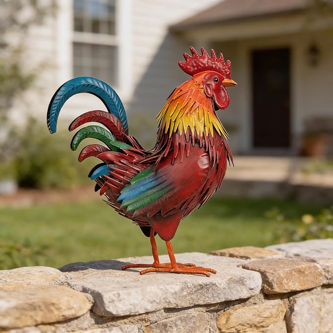 Ratuor Rooster Garden Statue Sculpture Metal Chicken Yard Decor Outdoor Figurines Patio Backyard Decoration (red)