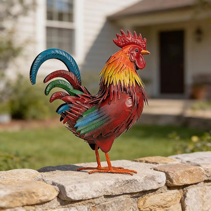 Ratuor Rooster Garden Statue Sculpture Metal Chicken Yard Decor Outdoor Figurines Patio Backyard Decoration (red)