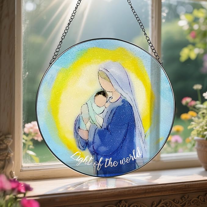 8'' Virgin Mary and Jesus Religious Ornament, Stained Glass Window Hanging, Sun Catcher Window Decor, Christian Holiday Decor, Gifts for Christmas, Christian Gift, Religious Gift