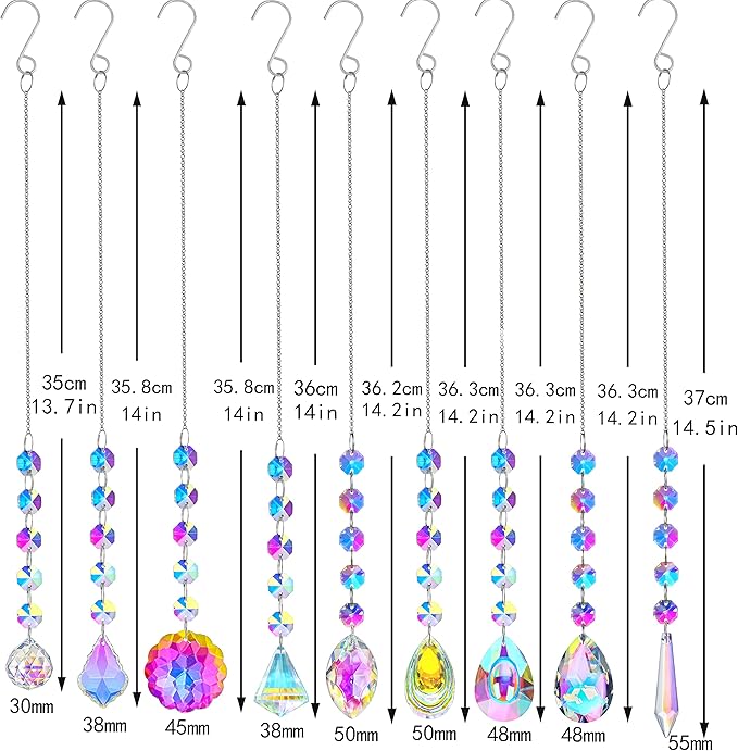 KANPURA 9 PCS Crystal Rainbow Suncatchers, Hanging Crystals Sun Catchers with Chain for Windows, Colorful Suncatcher Prism Pendant Hanging Crystals for Home Christmas Tree Decor