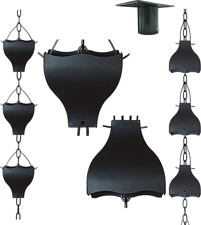 8.5FT Black Tulip Iron Rain Chains for Gutter and Rain Barrel, Replacement for Downspout, Rust-Resistant Plated Garden Décor Rain Chain, Bonus Rain Chain Gutter Adapter, Earrings for House