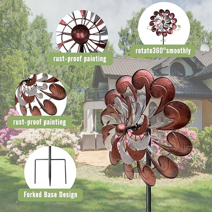 GUAGUA Classical Metal Wind Spinner Outdoor, 360 Degrees Swivel Wind Spinners for Yard and Garden, 74 Inch Kinetic Wind Sculptures Willow Leaves Patio Decor (Bronze & Red)