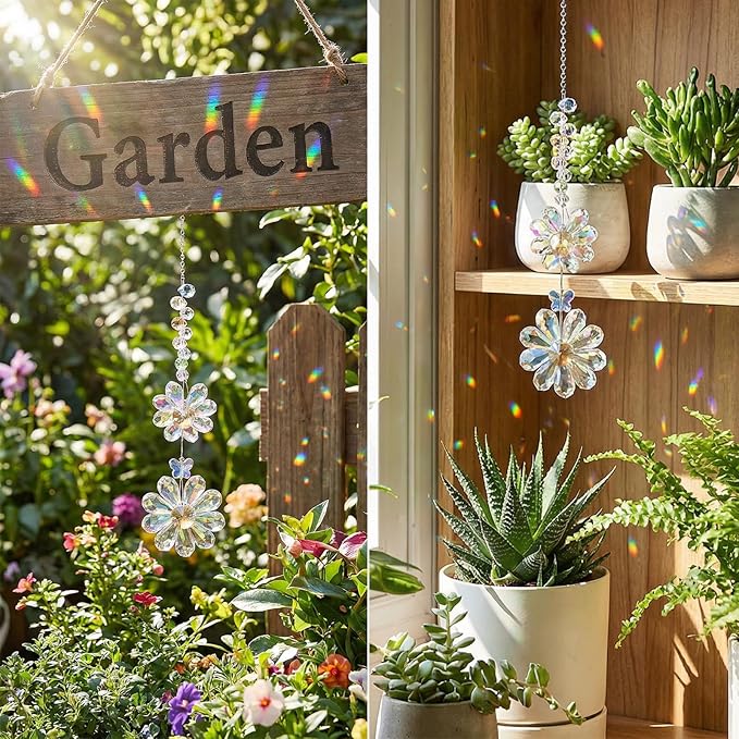 Suncatchers for Windows Hanging, Glass Outdoor Hanging Decor Suncatcher, 12.6 Inch Hang Crystals for Windows with 5.91 Inch Chain, for Patio Garden Living Room(Light Color)