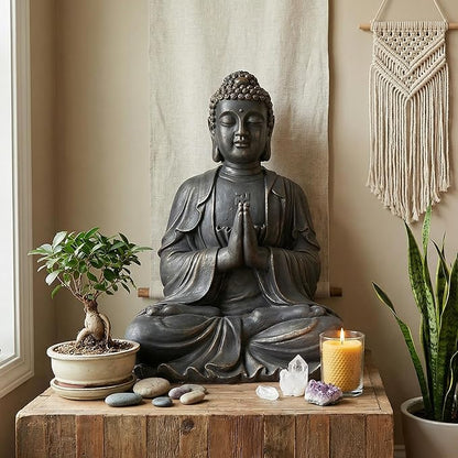Sculptures Buddha Statue, Garden Statues 23.6 Inch Tall, Large Magnesium Oxide Buddha Sculpture Indoor & Outdoor, Statue for Home Decor Yard Porch Patio, Dark Gray with Gold Accents