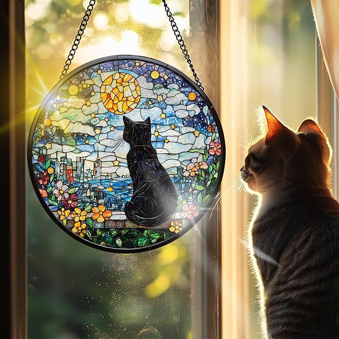 VAIIEYO Black Cat Sun Catcher Stained Glass Window Hanging Ornament, Handmade Sun Catcher Animal Decoration with Hooks for Window Garden Home, Christmas & Birthday Housewarming Gift (7.8 inch)