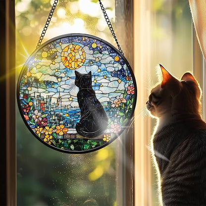 VAIIEYO Black Cat Sun Catcher Stained Glass Window Hanging Ornament, Handmade Sun Catcher Animal Decoration with Hooks for Window Garden Home, Christmas & Birthday Housewarming Gift (7.8 inch)