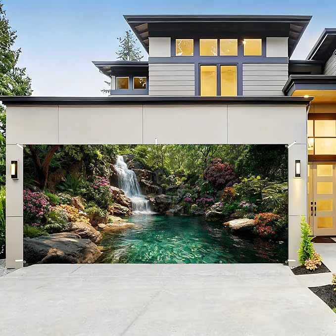 Garage door banner cover, 6x13 ft beautiful waterfall and pond background, Large Outdoor Backyard Landscape Decoration (Waterfall Pond)