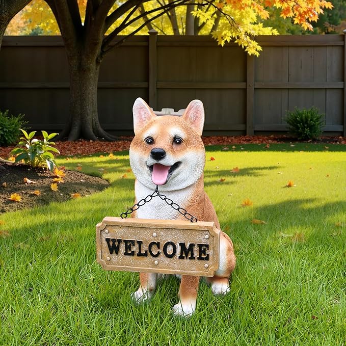 Zen-Porch Akita Accent with Solar Lantern and Double-Sided Sign, Sitting Brown & White Japanese Akita Statue for Steps, Balcony & Entryway