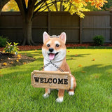 Zen-Porch Akita Accent with Solar Lantern and Double-Sided Sign, Sitting Brown & White Japanese Akita Statue for Steps, Balcony & Entryway