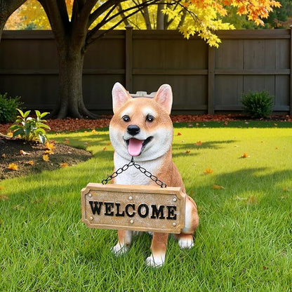 Zen-Porch Akita Accent with Solar Lantern and Double-Sided Sign, Sitting Brown & White Japanese Akita Statue for Steps, Balcony & Entryway