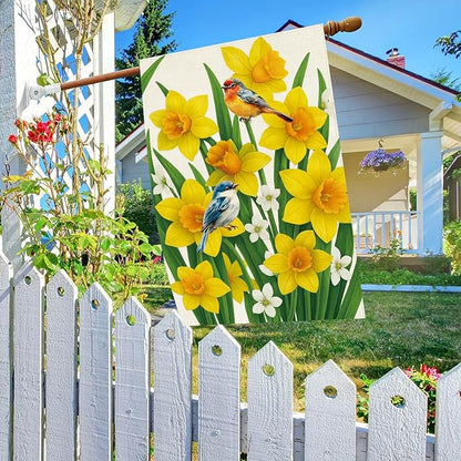 Baccessor Spring Summer Daffodils House Flag 28 x 40 Inch Double Sided Burlap Bluebirds Yellow Flower Green Leaf Farmhouse Large Yard Flag Summer Holiday Seasonal Outdoor Outside Decoration