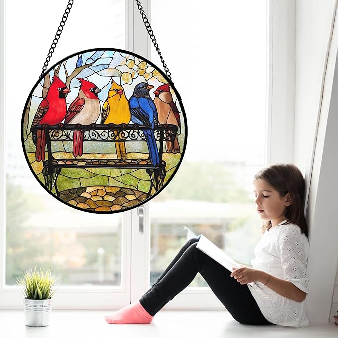 Stained Glass Window Hanging Cardinal on Bench Large 11.8" - Bird Suncatcher Door Garden Patio Sun Catcher Home Decor Christmas for Mom Woman Nana Friends Men Bird Lovers