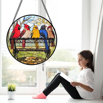 Stained Glass Window Hanging Cardinal on Bench Large 11.8" - Bird Suncatcher Door Garden Patio Sun Catcher Home Decor Christmas for Mom Woman Nana Friends Men Bird Lovers