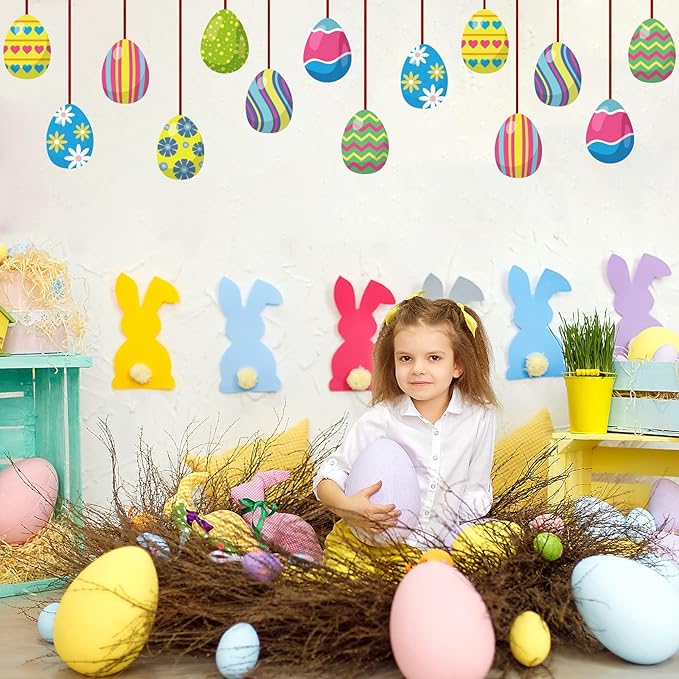 16 Pieces Easter Egg Outdoor Hanging Ornaments Easter Outdoor Decorations Happy Easter Hanging Porch & Tree Yard Lawn Decor - Double-Side Printed