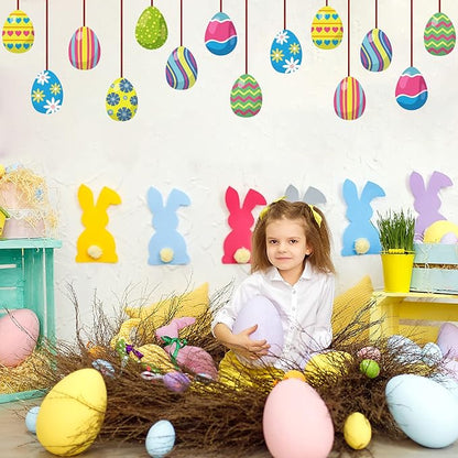 16 Pieces Easter Egg Outdoor Hanging Ornaments Easter Outdoor Decorations Happy Easter Hanging Porch & Tree Yard Lawn Decor - Double-Side Printed