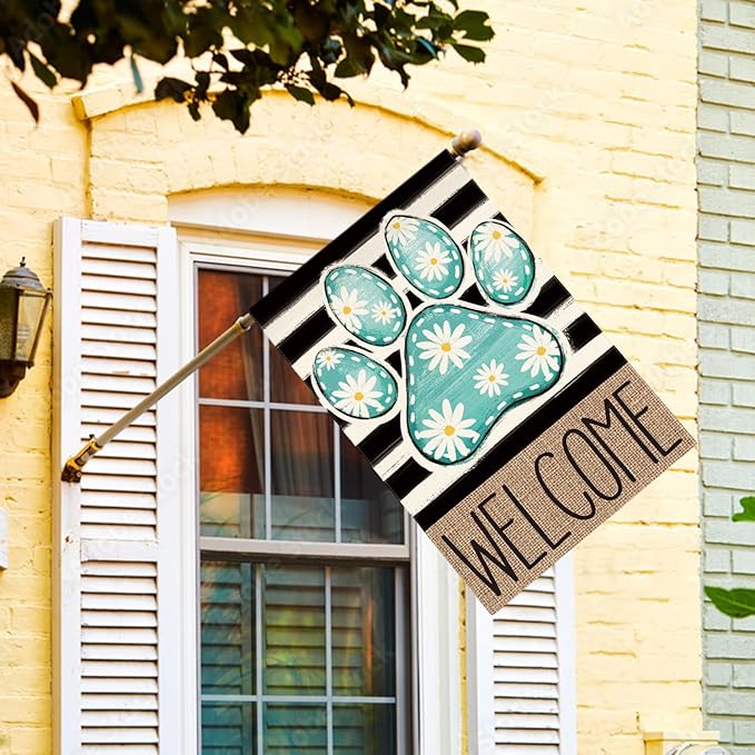 AVOIN colorlife Blue Paw Print Spring House Flag 28x40 Inch Double Sided Outside, Daisy Floral Welcome Stripes Yard Outdoor Flag