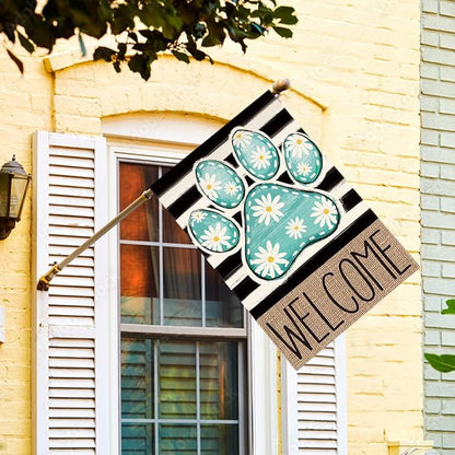 AVOIN colorlife Blue Paw Print Spring House Flag 28x40 Inch Double Sided Outside, Daisy Floral Welcome Stripes Yard Outdoor Flag
