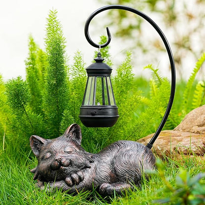 WSgift Outdoor Cat Figurine Garden Statue with Solar-Powered LED Light 13.77 Inches Tall, Gift Garden Statue Decor for Cat Lovers