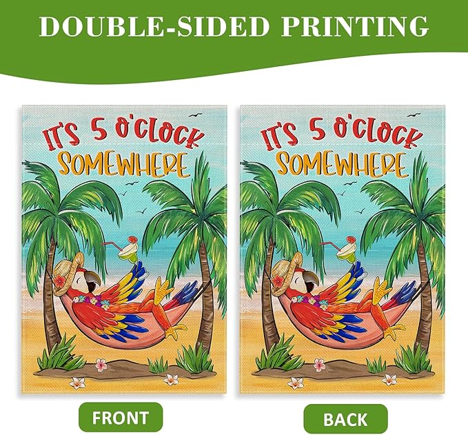 Welcome Summer Parrot Bird Decorative House Flag, It's 5 O'clock Somewhere Beach Coastal Tropical Palm Tree Garden Yard Outside Decorations, Hawaii Nautical Outdoor Large Home Decor 28 x 40