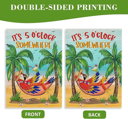 Welcome Summer Parrot Bird Decorative House Flag, It's 5 O'clock Somewhere Beach Coastal Tropical Palm Tree Garden Yard Outside Decorations, Hawaii Nautical Outdoor Large Home Decor 28 x 40