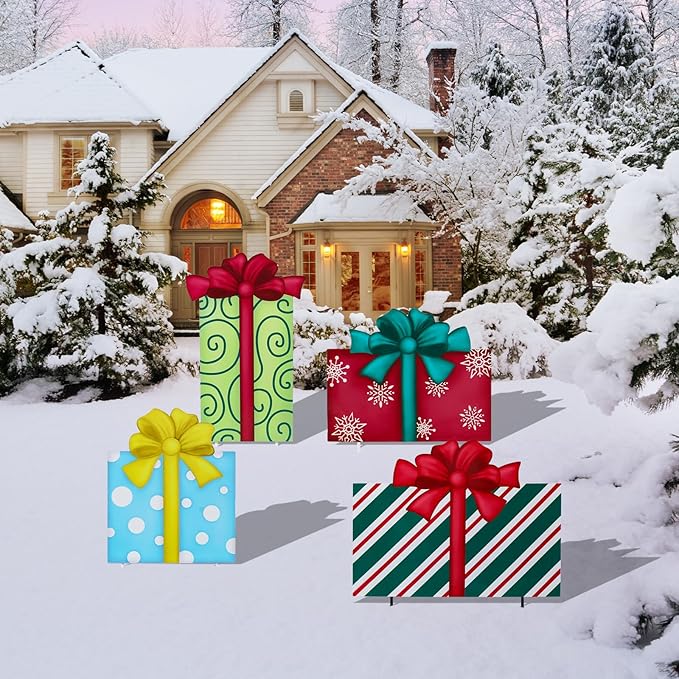 WONDER GARDEN 4PCS Box Sign, Metal Box Yard Stakes, Stacked or Detachable Garden Stakes Yard Signs, Outdoor Christmas Decorations for Lawn Party Outside