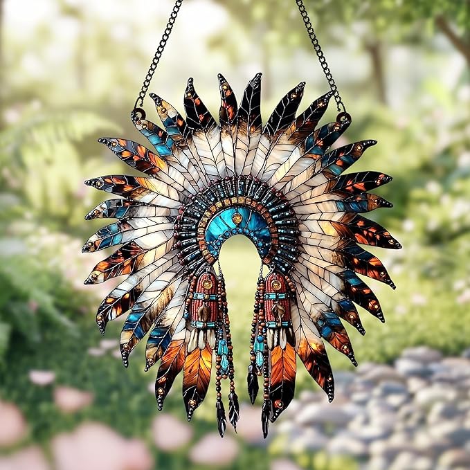 Native American Acrylic Suncatcher Indoor Colorful Window Hanging Ornament Outdoor Sun Catcher Panel for Home Decor Car Garden Crystal Gift Feather Headdress Suncatcher