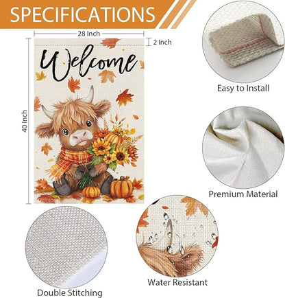 Heyfibro Welcome Fall Highland Cow Garden Flag 28x40 Double Sided Burlap, Autumn Pumpkin Sunflower Yard Flags for Thanksgiving Rustic Seasonal Outside Outdoor Decoration (ONLY FLAG)