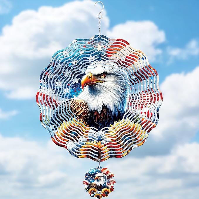 American Eagle Wind Spinner - 3D Stainless Steel Wind Spinners Outdoor Patriotic Decor Kinetic Spinning Decoration 12 Inch 250 Anniversary Hanging Ornaments for Patio Lawn Garden Yard Balcony