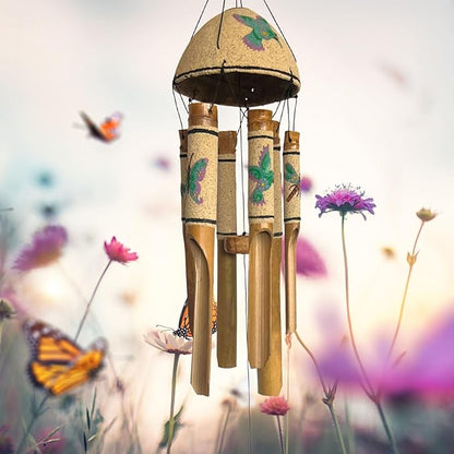 Bellaa 20346 Bamboo Wind Chimes Sea Sand Art Painting Hummingbird Butterfly Dragonfly Handmade Windchimes Outdoor Garden Patio Gifts 32 Inch (Green Sand)