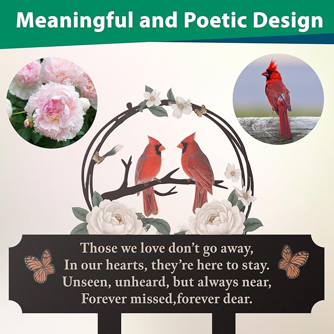 Double-Sided Memorial Stake for Cemetery, Cardinal & Peony Grave Markers for Humans, Metal Cemetery Decorations for Grave, Sympathy Gifts for Loss of Mom, Dad, Loved One, Weatherproof 13.5x10.5
