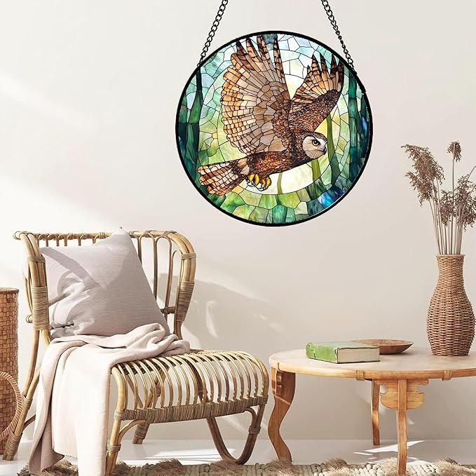 CHATYOUNG Stained Glass Window Hanging Owl Flying with Wings Spread 6.3" - Bird Suncatcher Door Garden Sunroom Sun Catcher Home Decor Birthday Christmas for Mom Men Woman Nana Friend Birds Lovers