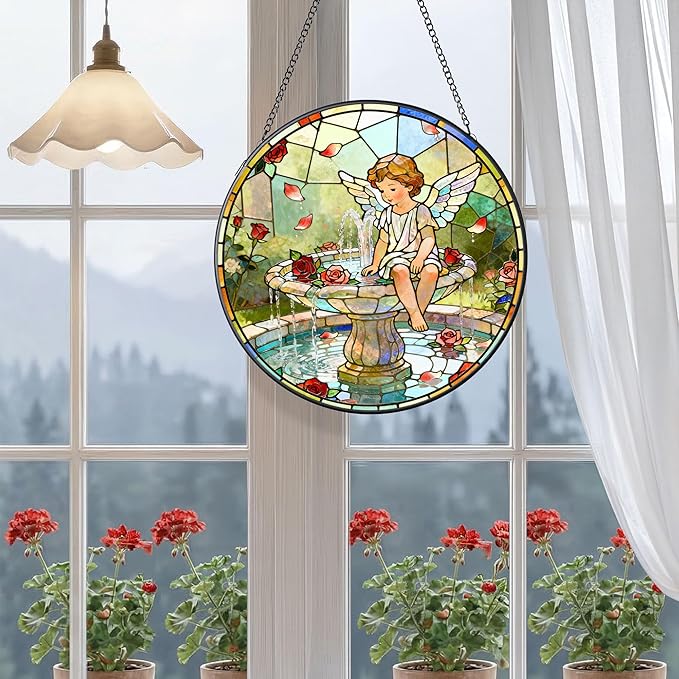 7.9 Inch Angel and Fountain Stained Glass Sun Catcher Christian Stained Glass Window Hanging Religious Sun Catcher Gifts for Mother Wall Room Decor Cottage Core Decor Decorations