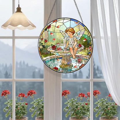 7.9 Inch Angel and Fountain Stained Glass Sun Catcher Christian Stained Glass Window Hanging Religious Sun Catcher Gifts for Mother Wall Room Decor Cottage Core Decor Decorations