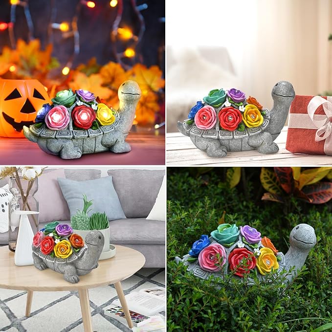 Solar Garden Decor Turtle with Rose and 7 LED Lights - Outdoor Decor Tortoise Statue for Patio, Balcony, Yard Ornament, Unique Gifts for Mom.
