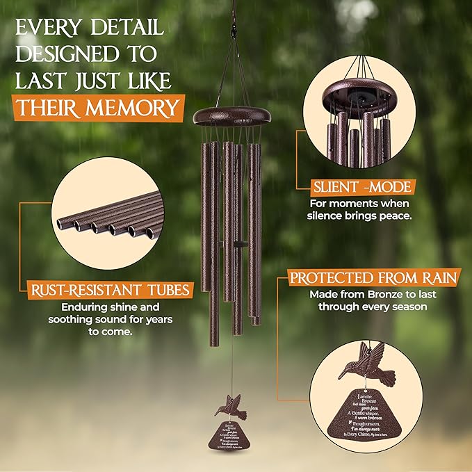 32 Inch Hummingbird Memorial Wind Chimes Outdoor, Sympathy Gifts for Loss of Loved One, Memorial Gifts for Loss of Mom, Sympathy Wind Chimes for Mother, Father, Brother, Sister