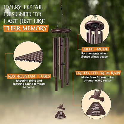 32 Inch Hummingbird Memorial Wind Chimes Outdoor, Sympathy Gifts for Loss of Loved One, Memorial Gifts for Loss of Mom, Sympathy Wind Chimes for Mother, Father, Brother, Sister