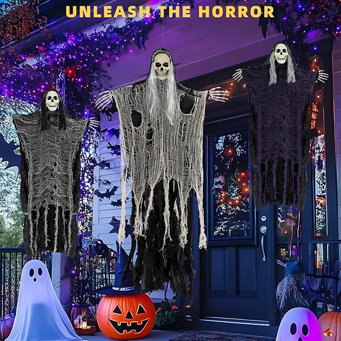 QPMR Halloween Decorations Outdoor/Indoor,Set of 3 Scary Hanging Ghosts,Halloween Grim Reaper Skeleton, Scary Party Decorations,Haunted House Decor for Yard/Lawn/Garden.