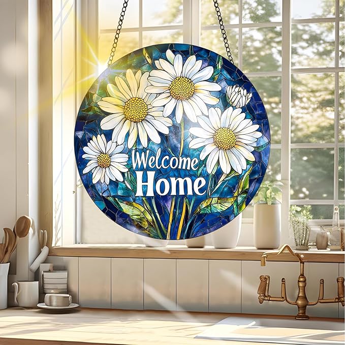 VAIIEYO Welcome Home Stained Glass Window Hanging Ornament, Handmade Sun Catcher Chrysanthemum Decoration with Hooks for Window Garden Home, Mother's Day & Birthday Housewarming Gift (7.8 inch)