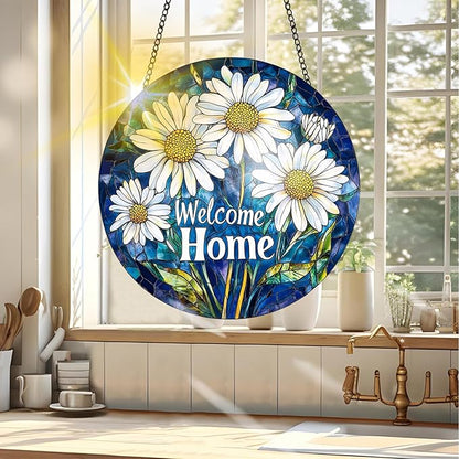 VAIIEYO Welcome Home Stained Glass Window Hanging Ornament, Handmade Sun Catcher Chrysanthemum Decoration with Hooks for Window Garden Home, Mother's Day & Birthday Housewarming Gift (7.8 inch)