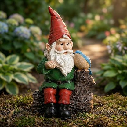 Topadorn Garden Gnome Statues with Bird Resin Sculpture Gnome Sitting on the Stump Outdoor Statues for Outdoor Garden Decor