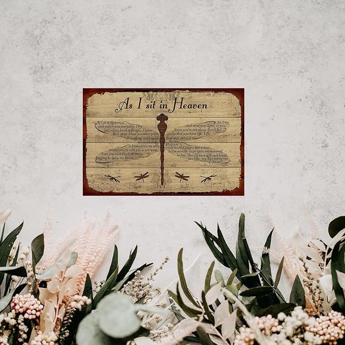 Dragonfly Tin Sign Metal Poster Vintage, As I Sit in Heaven, Wall Art Decor Gifts for Home Bar Kitchen Restaurant Bedroom Garden Plaque 8x12 Inch